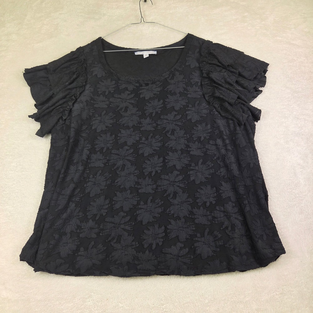 Stella + Ginger Black Floral Textured Ruffle Sleeve Blouse Top 2X Plus Size